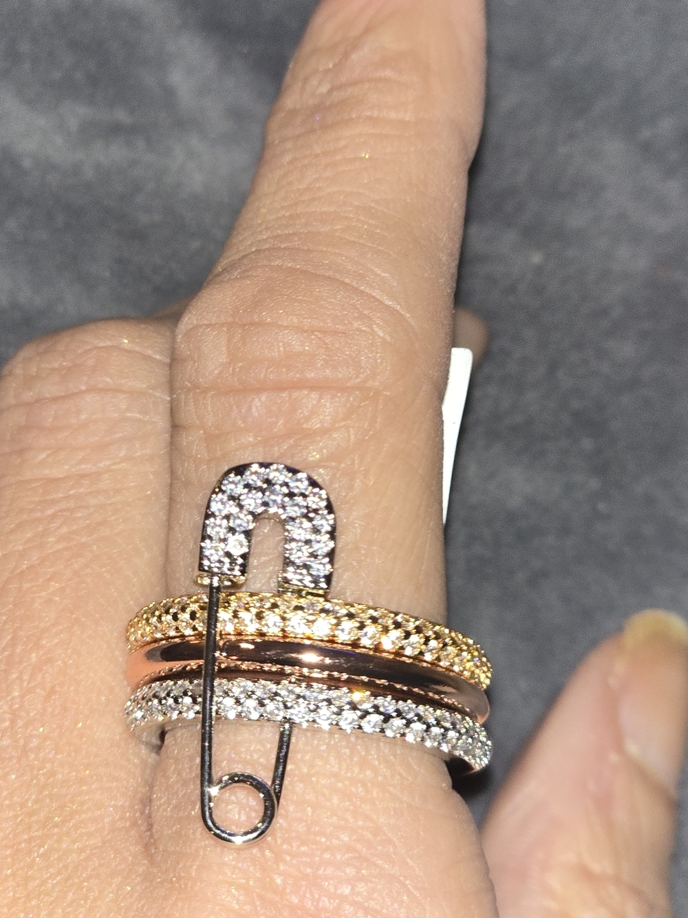 22kgp Dubai Jewelry Sparkling Safety Pin CZ Ring - White, Gold, Rose